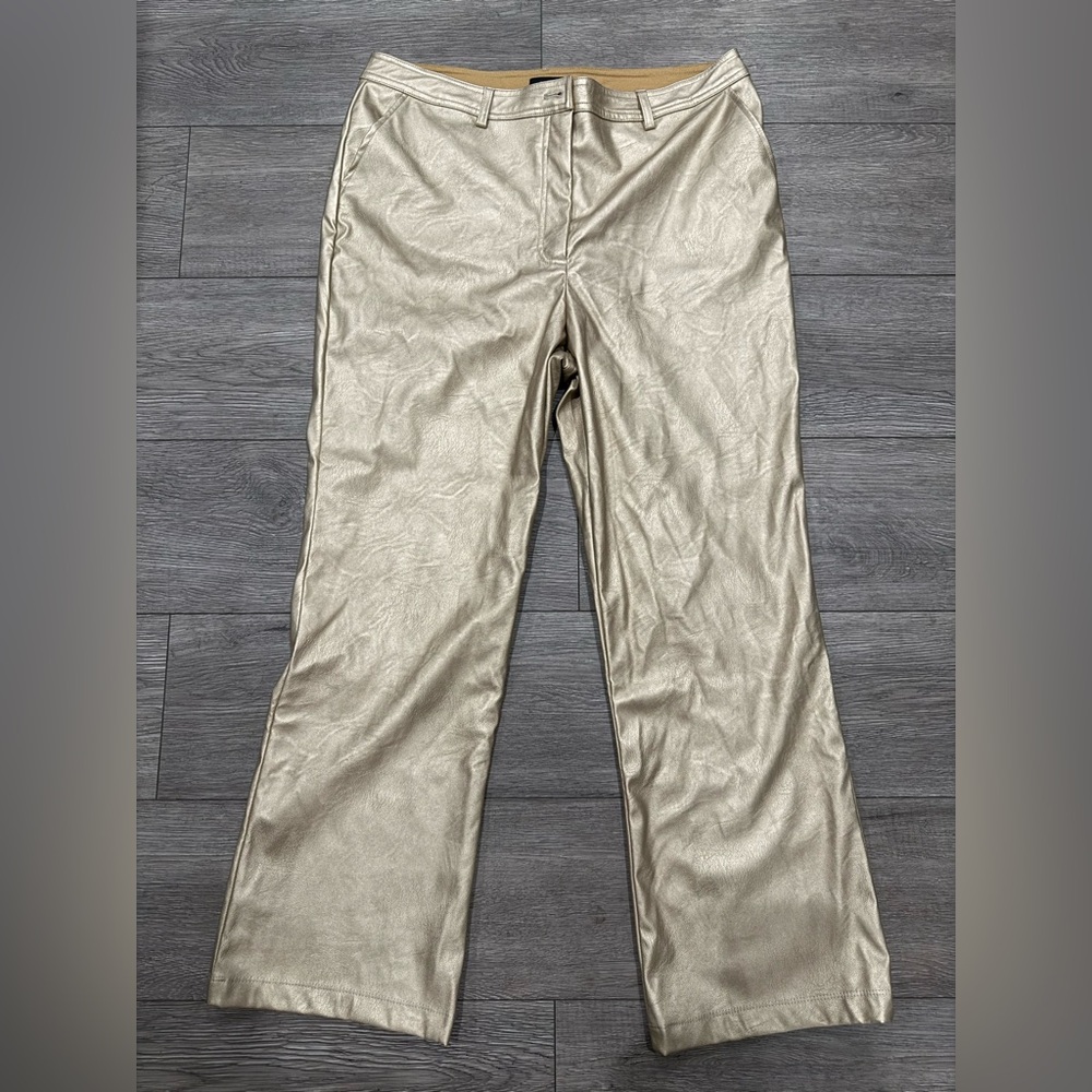 NWOT Halogen Gold Metallic Faux Leather High Rise Straight Leg Pants Size 12